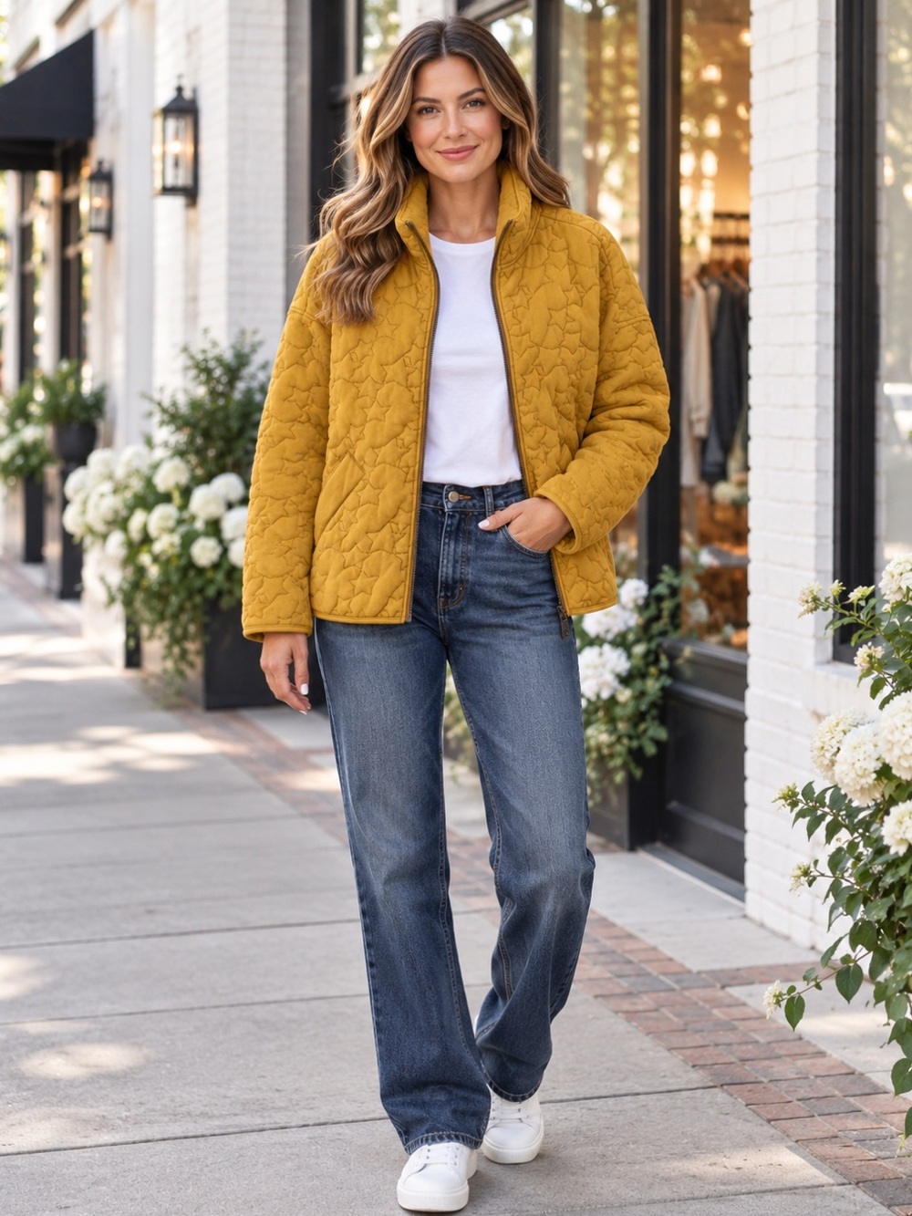 New blue b Yellow Mustard Allover Star Oversize Quilted Zip Up Comfy Jacket Coat